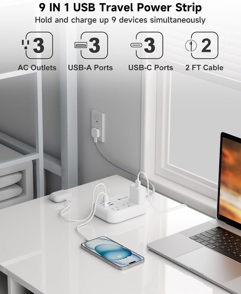 Beeiker Short Extension Cord 2 Foot- 6 USB(3 USB C) Travel Power Strip with 24W USB Charging Station and 3 Outlets, 2ft Small Flat Plug Extension Cord Surge Protector for Travel Home College Dorm 13A - Image 3